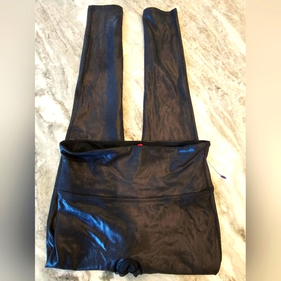 Spanx Faux Leather Leggings Petite M Black High Waist Shaping Pants - Picture 2 of 7
